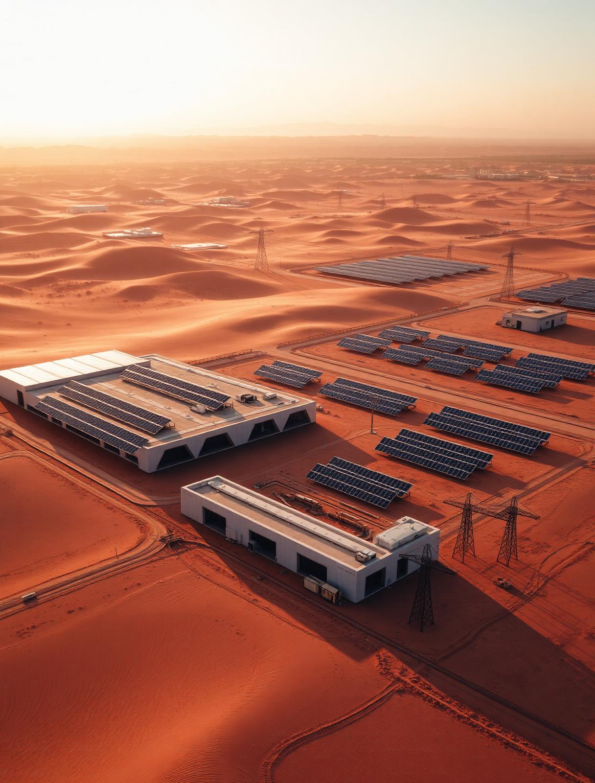 Aerial view of MENA solar and power infrastructure at golden hour